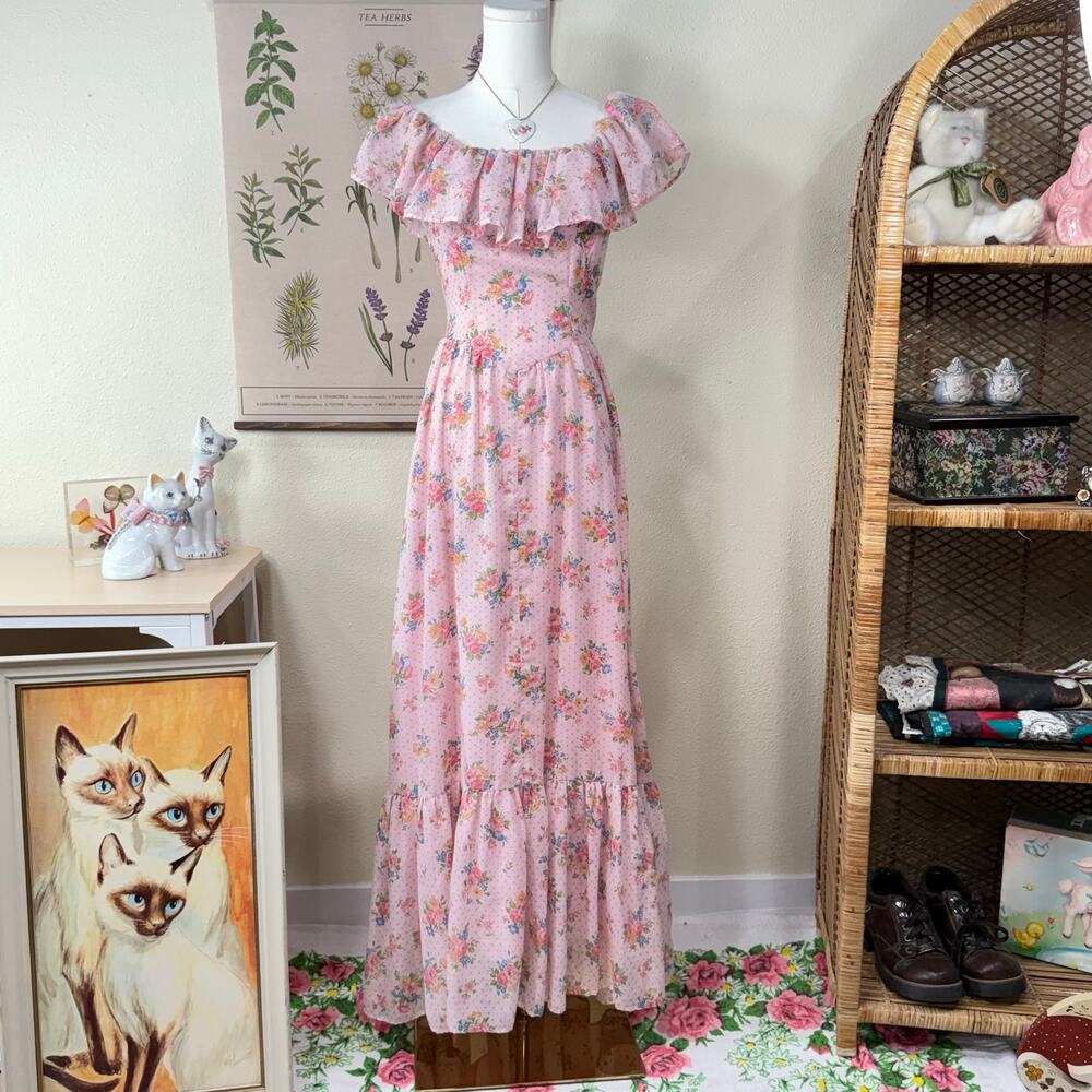 Vintage 60s 70s Floral Maxi Dress Fairy Romantic Coquette Dolly Cottage Femme XS